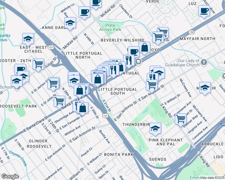 map of restaurants, bars, coffee shops, grocery stores, and more near 1580 Shortridge Avenue in San Jose
