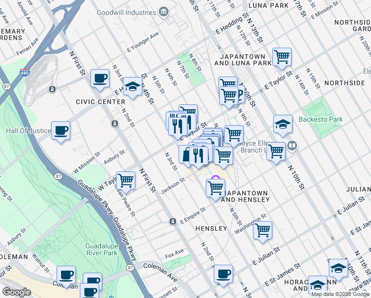 map of restaurants, bars, coffee shops, grocery stores, and more near 670 North 4th Street in San Jose