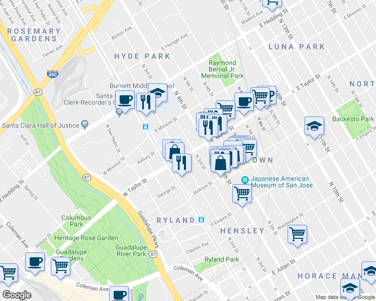 map of restaurants, bars, coffee shops, grocery stores, and more near 65 East Taylor Street in San Jose