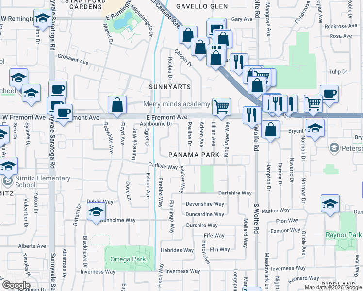map of restaurants, bars, coffee shops, grocery stores, and more near 1363 Pauline Drive in Sunnyvale