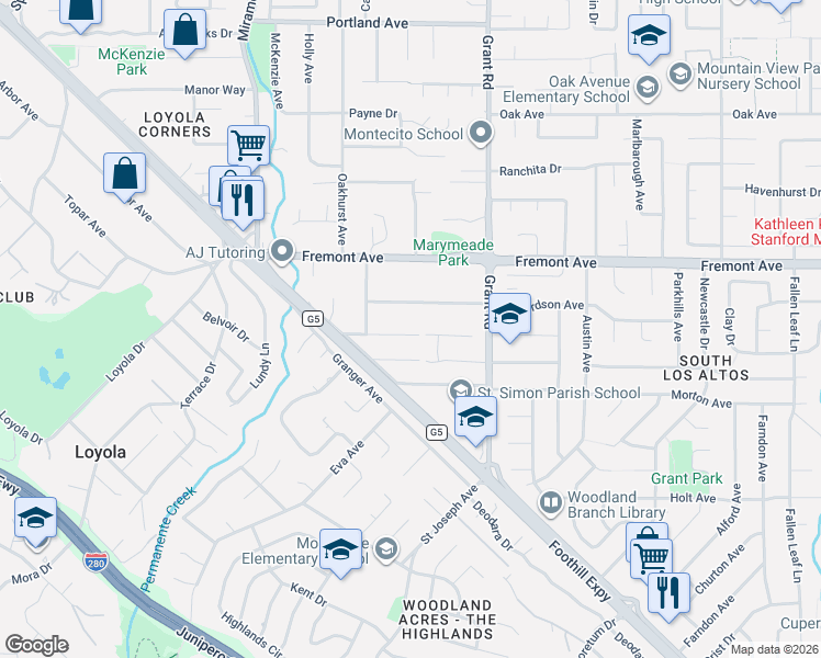 map of restaurants, bars, coffee shops, grocery stores, and more near 1211 Miguel Avenue in Los Altos