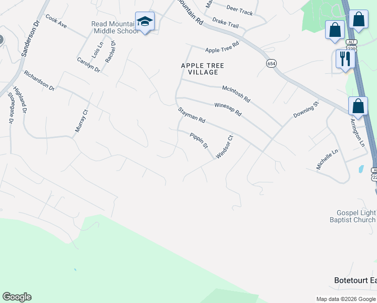 map of restaurants, bars, coffee shops, grocery stores, and more near 36 York Street in Roanoke
