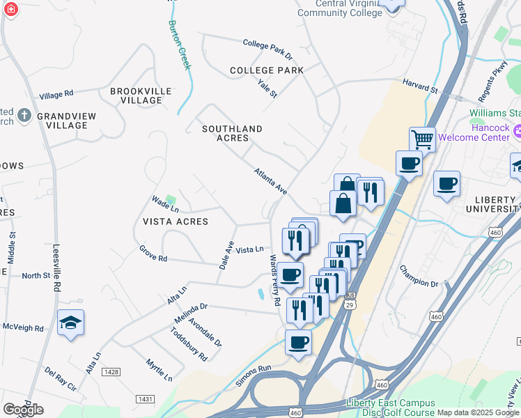 map of restaurants, bars, coffee shops, grocery stores, and more near 1221 Wards Ferry Road in Lynchburg