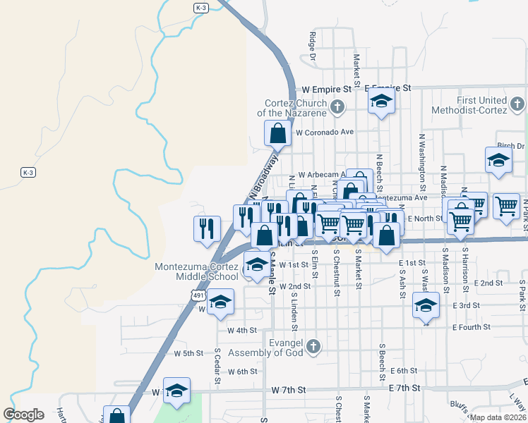map of restaurants, bars, coffee shops, grocery stores, and more near 119 North Pinon Drive in Cortez