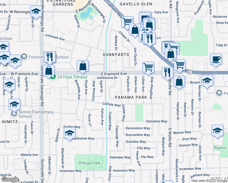 map of restaurants, bars, coffee shops, grocery stores, and more near 723 Bantry Ct in Sunnyvale