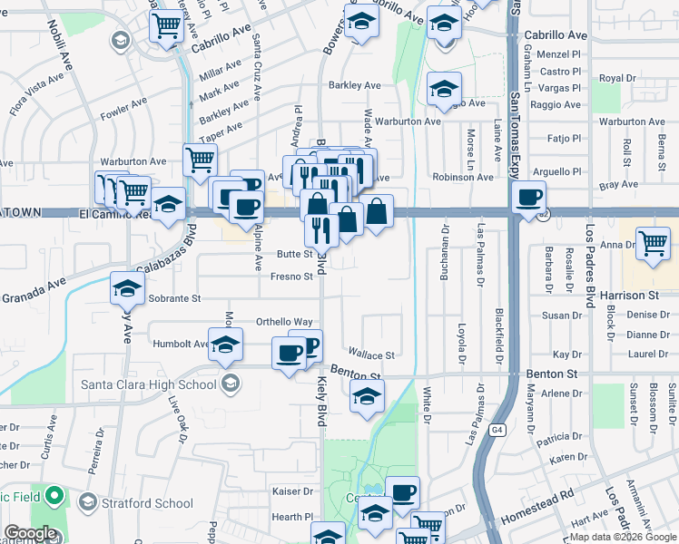 map of restaurants, bars, coffee shops, grocery stores, and more near 2760 Ball Place in Santa Clara