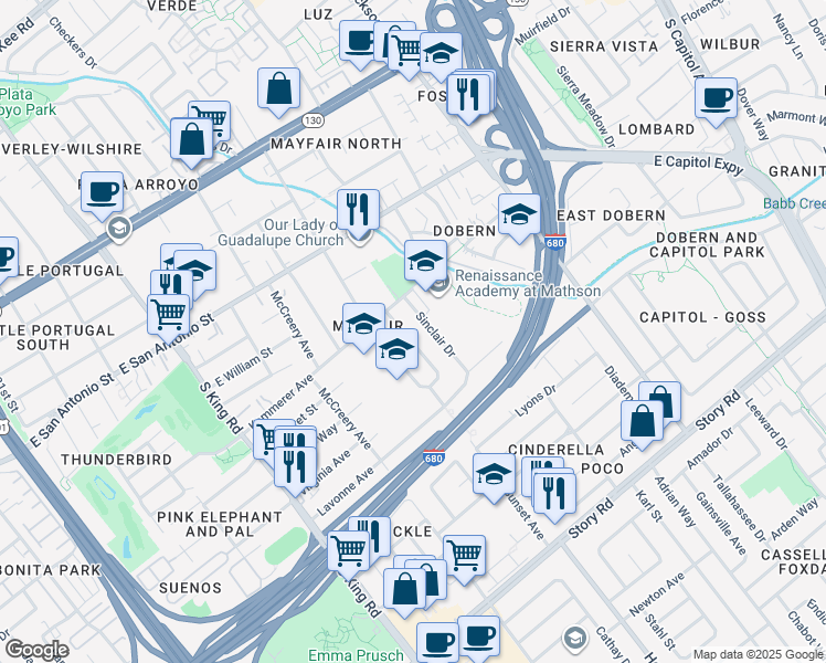 map of restaurants, bars, coffee shops, grocery stores, and more near 524 Sanders Avenue in San Jose