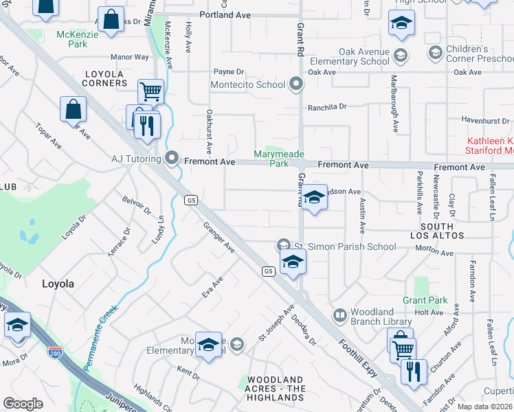 map of restaurants, bars, coffee shops, grocery stores, and more near 1211 Miguel Avenue in Los Altos
