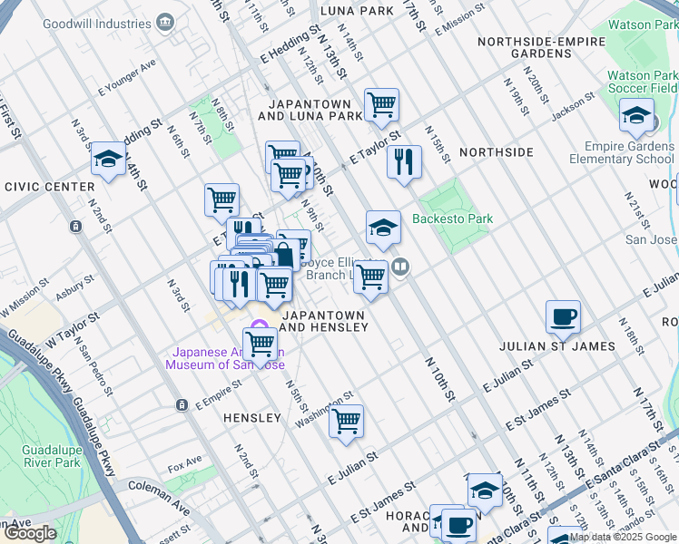 map of restaurants, bars, coffee shops, grocery stores, and more near 565 North 9th Street in San Jose