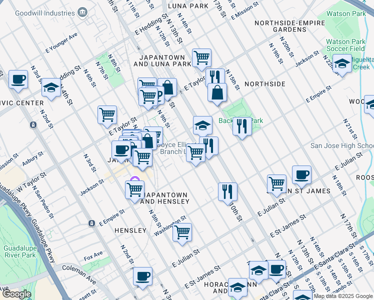 map of restaurants, bars, coffee shops, grocery stores, and more near 560 North 9th Street in San Jose