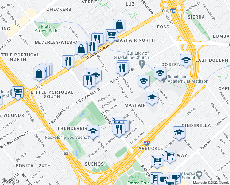 map of restaurants, bars, coffee shops, grocery stores, and more near 1874 Mayfair Place in San Jose