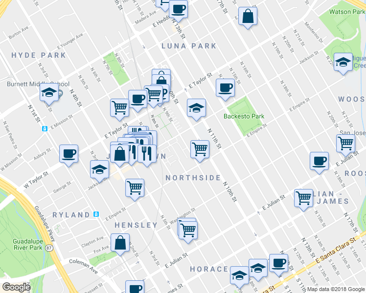 map of restaurants, bars, coffee shops, grocery stores, and more near 569 North 9th Street in San Jose