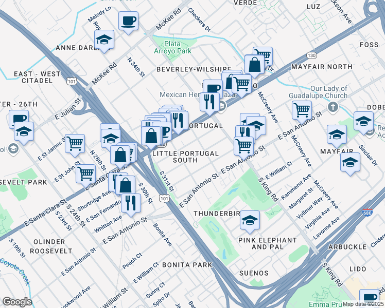 map of restaurants, bars, coffee shops, grocery stores, and more near 1625 East San Fernando Street in San Jose