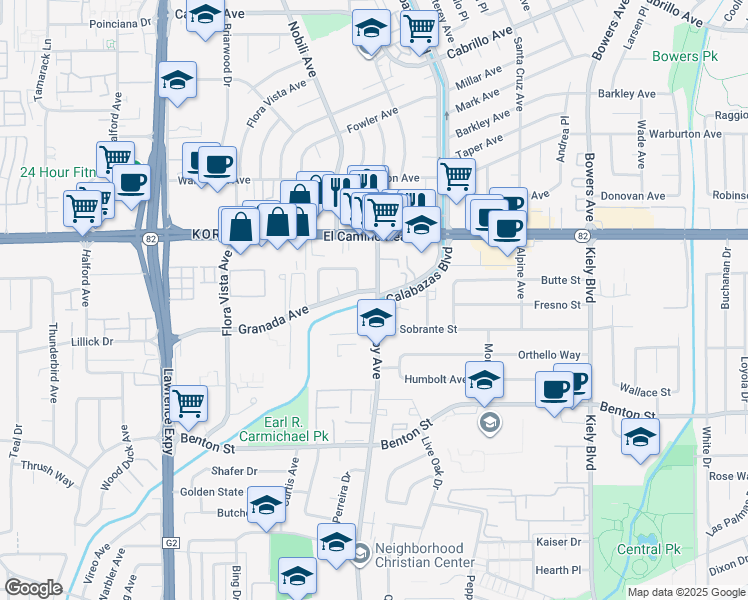 map of restaurants, bars, coffee shops, grocery stores, and more near 1410 Pomeroy Avenue in Santa Clara