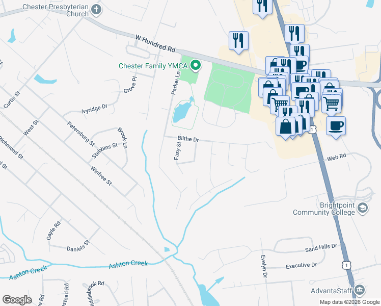 map of restaurants, bars, coffee shops, grocery stores, and more near 2900 Euphoria Road in Chester