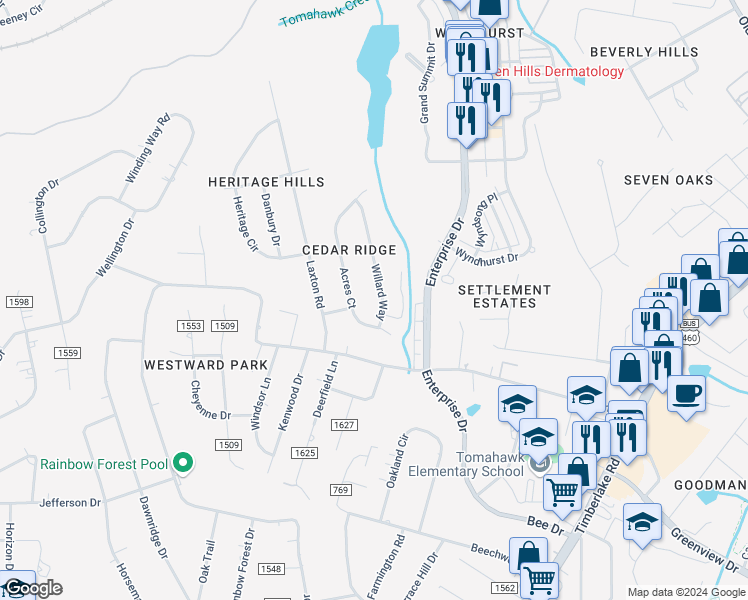 map of restaurants, bars, coffee shops, grocery stores, and more near 104 Willard Way in Lynchburg