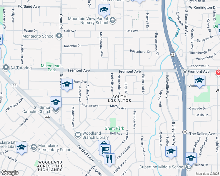 map of restaurants, bars, coffee shops, grocery stores, and more near 1686 Parkhills Avenue in Los Altos