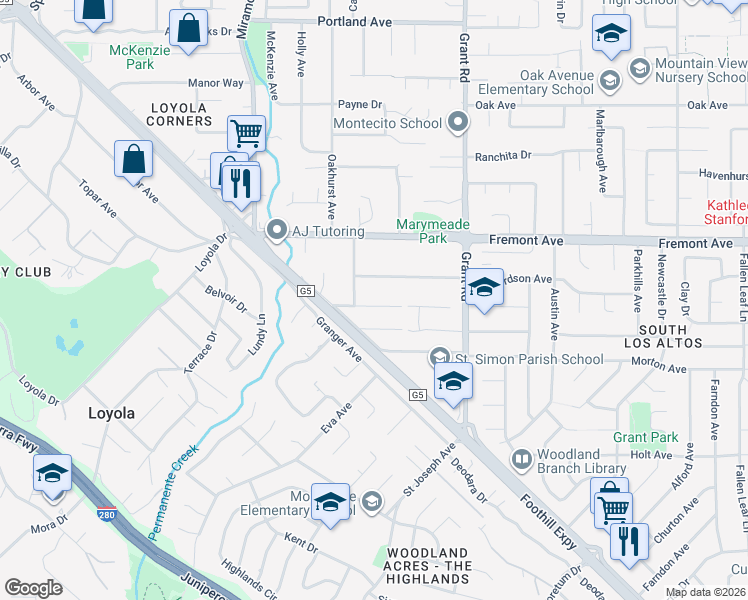 map of restaurants, bars, coffee shops, grocery stores, and more near 1165 Miguel Avenue in Los Altos