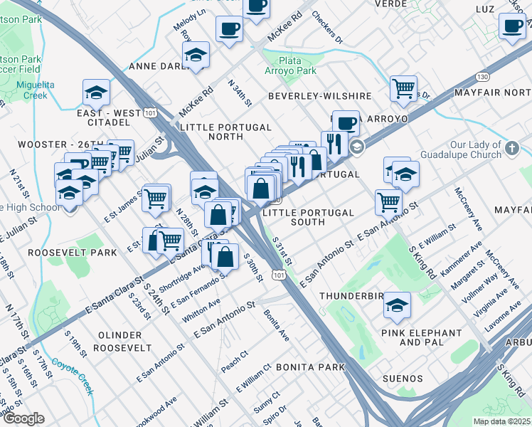map of restaurants, bars, coffee shops, grocery stores, and more near 1515 Shortridge Avenue in San Jose