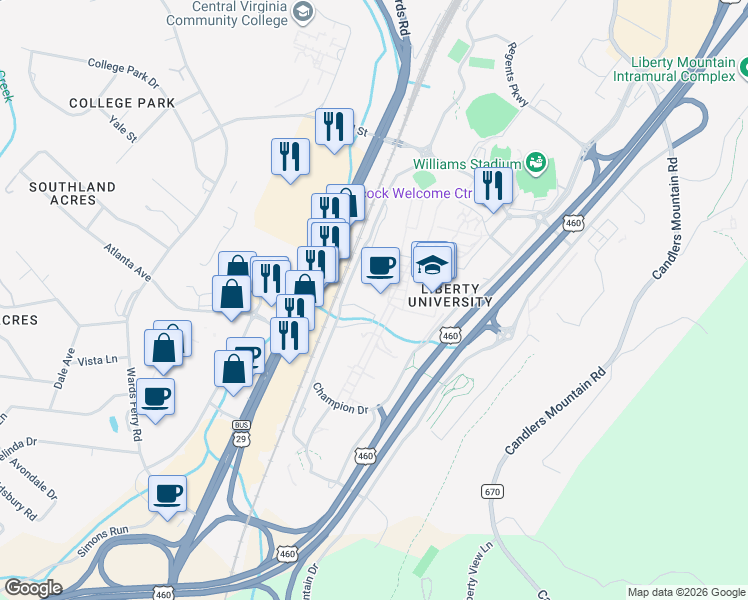 map of restaurants, bars, coffee shops, grocery stores, and more near 1971 University Boulevard in Lynchburg