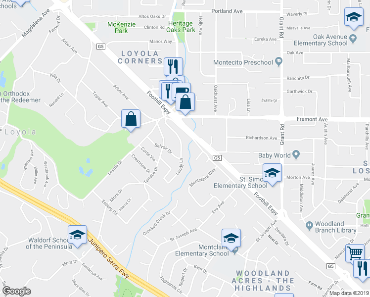 map of restaurants, bars, coffee shops, grocery stores, and more near 952 Lundy Lane in Los Altos