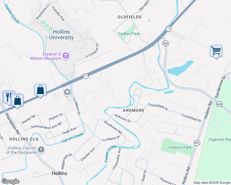 map of restaurants, bars, coffee shops, grocery stores, and more near 7799 Hollins Court Circle in Hollins