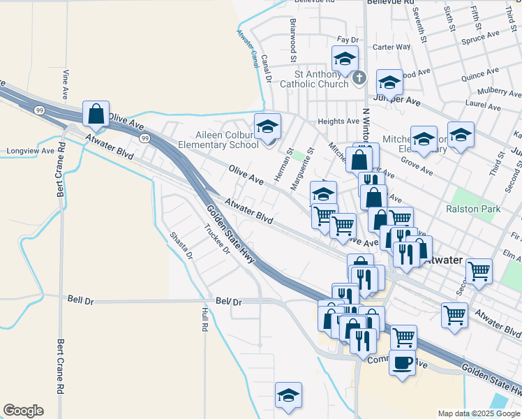 map of restaurants, bars, coffee shops, grocery stores, and more near 2129 Atwater Boulevard in Atwater
