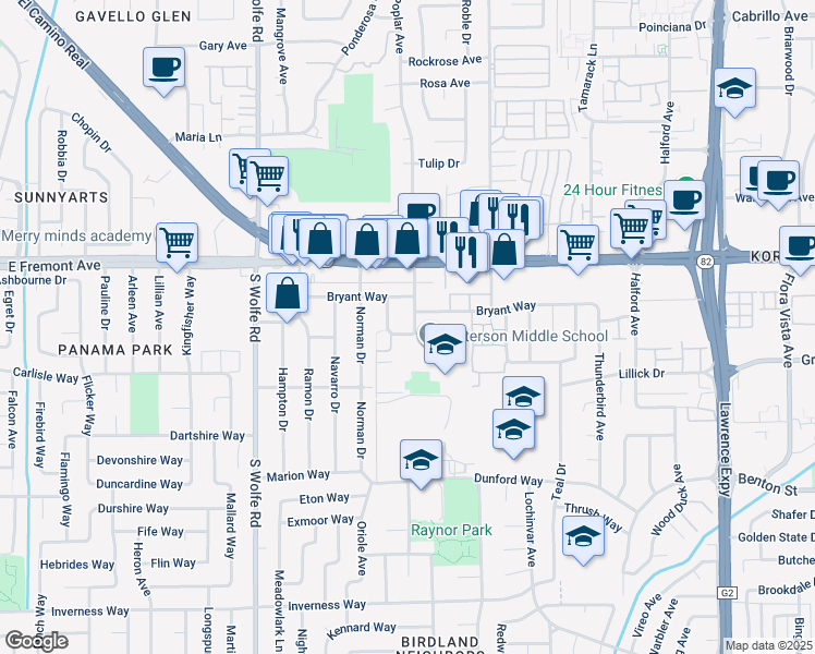 map of restaurants, bars, coffee shops, grocery stores, and more near 1347 Poplar Avenue in Sunnyvale
