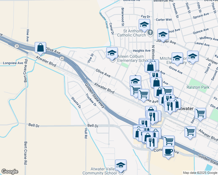 map of restaurants, bars, coffee shops, grocery stores, and more near 2129 Atwater Boulevard in Atwater