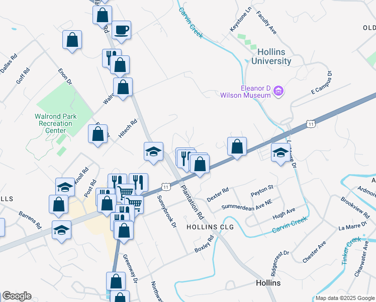 map of restaurants, bars, coffee shops, grocery stores, and more near 7528 Lula Avenue in Hollins