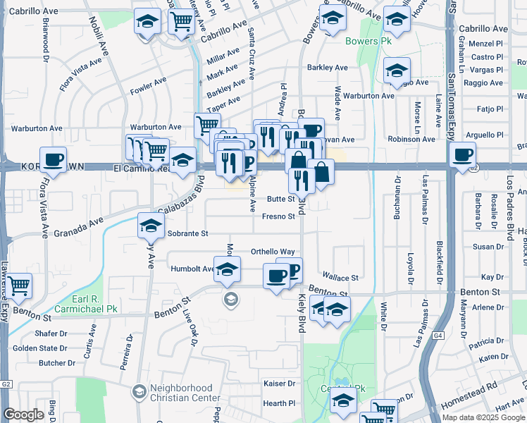 map of restaurants, bars, coffee shops, grocery stores, and more near 2963 Fresno Street in Santa Clara