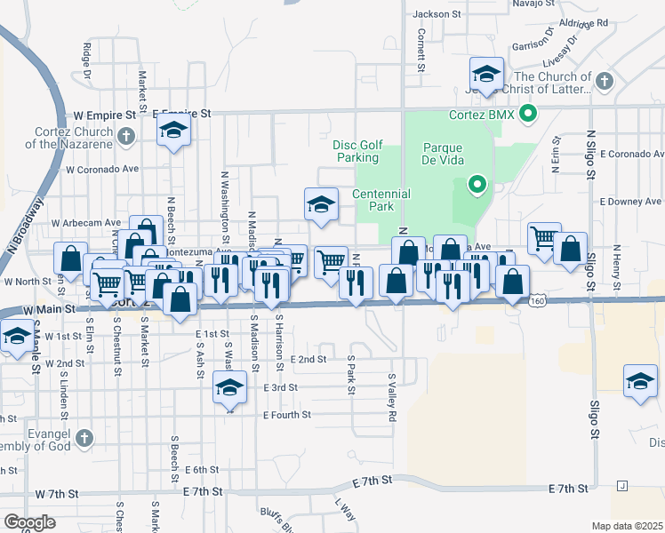 map of restaurants, bars, coffee shops, grocery stores, and more near 103 N Fillmore St in Cortez