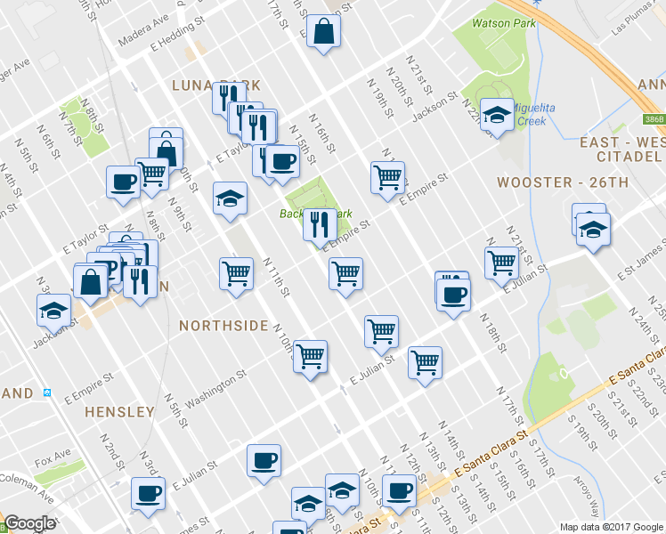 map of restaurants, bars, coffee shops, grocery stores, and more near 456 North 13th Street in San Jose
