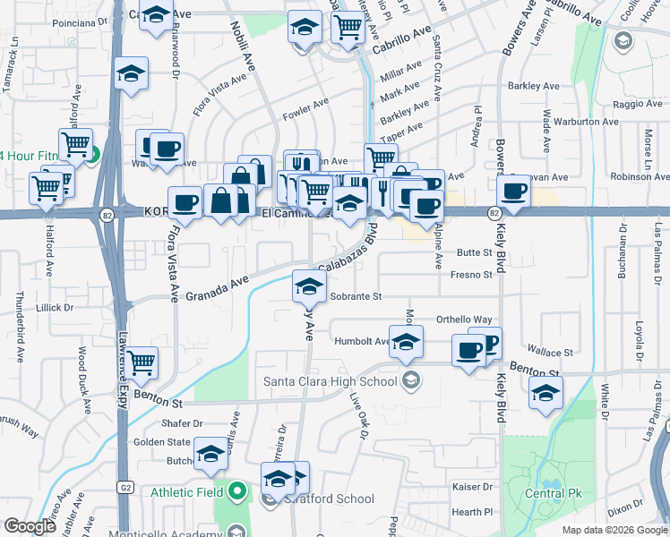 map of restaurants, bars, coffee shops, grocery stores, and more near 1353 Calabazas Court in Santa Clara