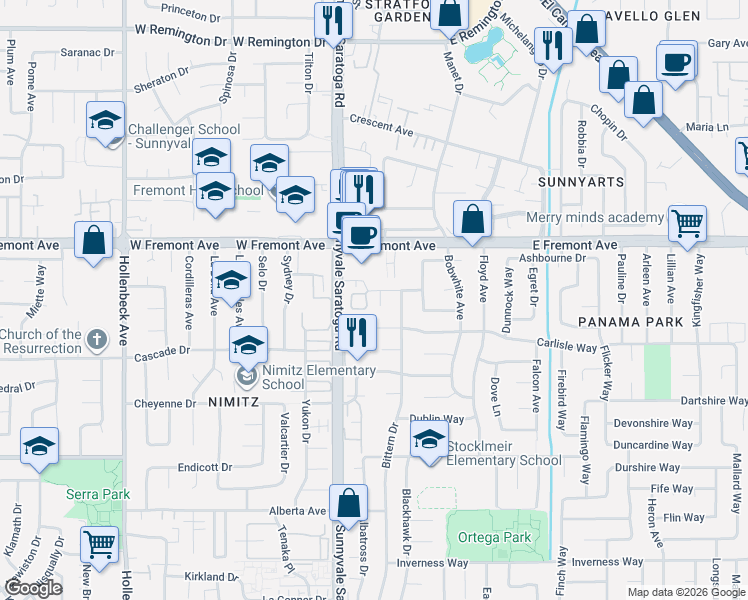 map of restaurants, bars, coffee shops, grocery stores, and more near 1369 Bluebird Court in Sunnyvale