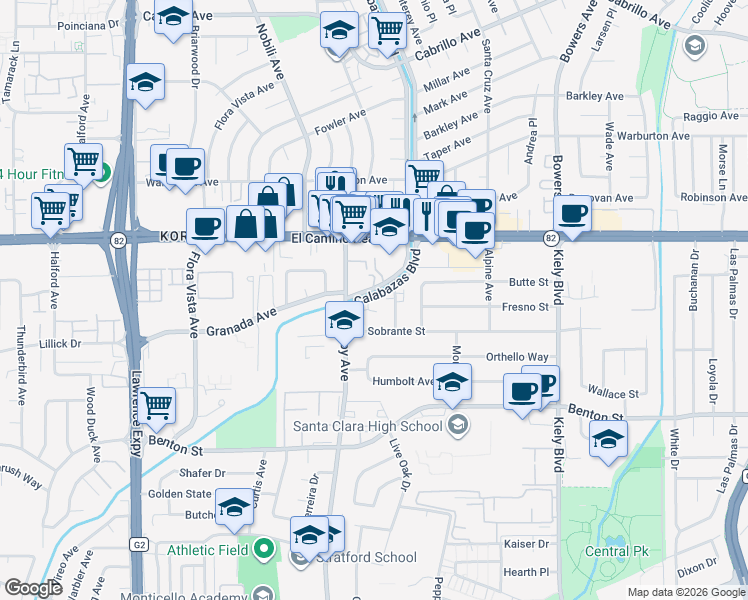 map of restaurants, bars, coffee shops, grocery stores, and more near 1353 Calabazas Court in Santa Clara
