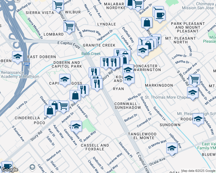 map of restaurants, bars, coffee shops, grocery stores, and more near 2710 Kollmar Drive in San Jose