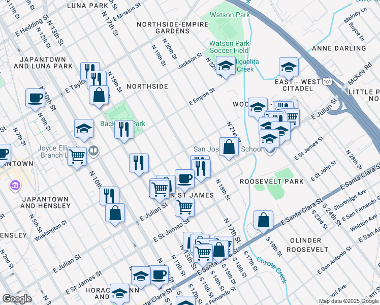map of restaurants, bars, coffee shops, grocery stores, and more near 396 North 17th Street in San Jose
