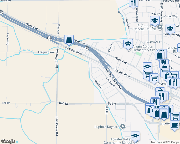 map of restaurants, bars, coffee shops, grocery stores, and more near 2013 Shasta Drive in Atwater