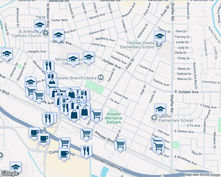 map of restaurants, bars, coffee shops, grocery stores, and more near in City of Atwater