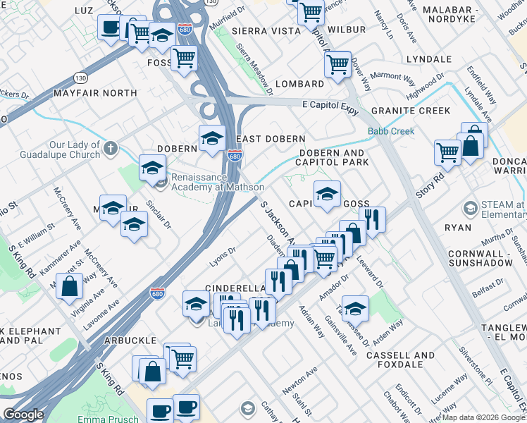 map of restaurants, bars, coffee shops, grocery stores, and more near 761 South Jackson Avenue in San Jose