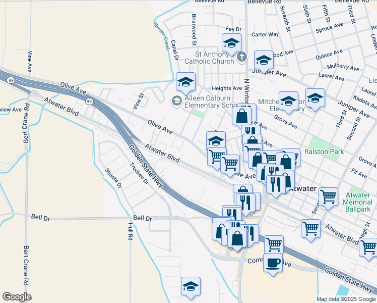 map of restaurants, bars, coffee shops, grocery stores, and more near 2145 Atwater Boulevard in Atwater