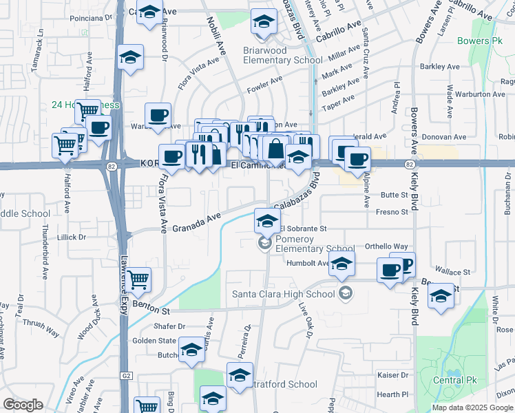 map of restaurants, bars, coffee shops, grocery stores, and more near 3318 Granada Avenue in Santa Clara