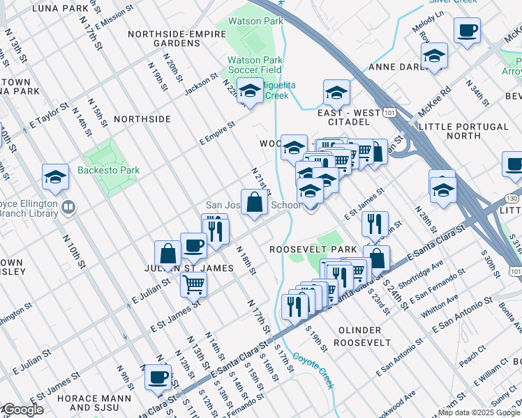 map of restaurants, bars, coffee shops, grocery stores, and more near 324 North 20th Street in San Jose