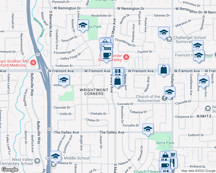 map of restaurants, bars, coffee shops, grocery stores, and more near 1307 South Mary Avenue in Sunnyvale