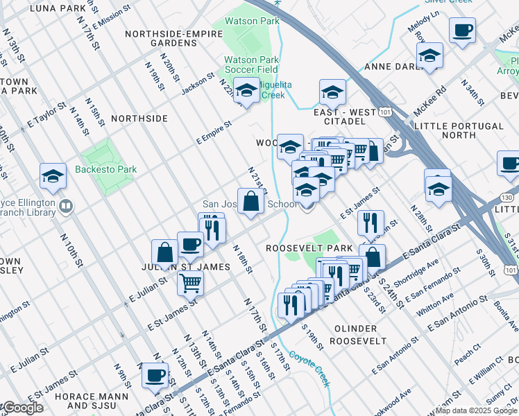 map of restaurants, bars, coffee shops, grocery stores, and more near 324 North 20th Street in San Jose