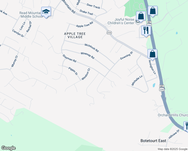 map of restaurants, bars, coffee shops, grocery stores, and more near 60 Buckingham Court in Roanoke