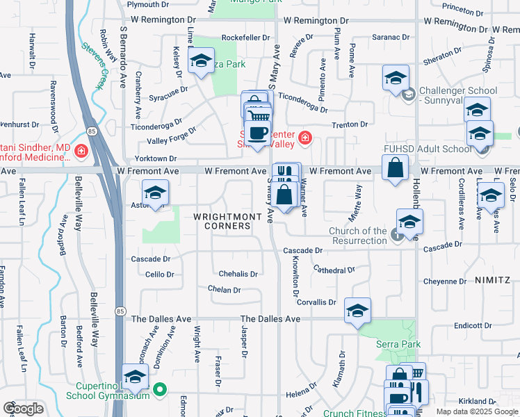 map of restaurants, bars, coffee shops, grocery stores, and more near 1307 South Mary Avenue in Sunnyvale