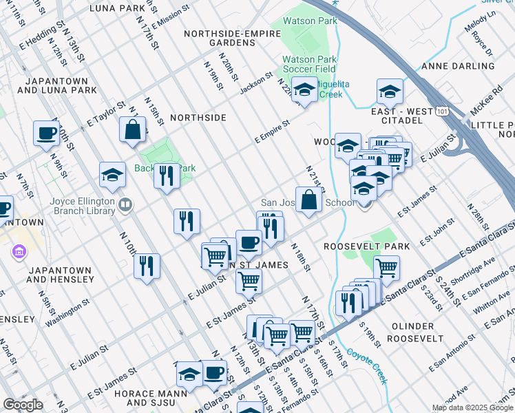 map of restaurants, bars, coffee shops, grocery stores, and more near 396 North 17th Street in San Jose