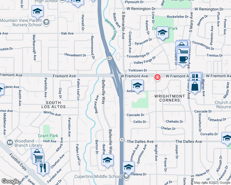 map of restaurants, bars, coffee shops, grocery stores, and more near 1264 Brookings Lane in Sunnyvale
